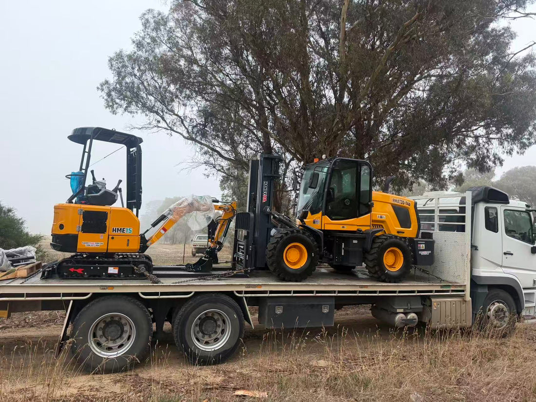 HandyMax Machinery Mini Excavator Rough Terrain Forklift HME15 hme15hmat30-t45 hm photo uploader two yellow heavy machines and are