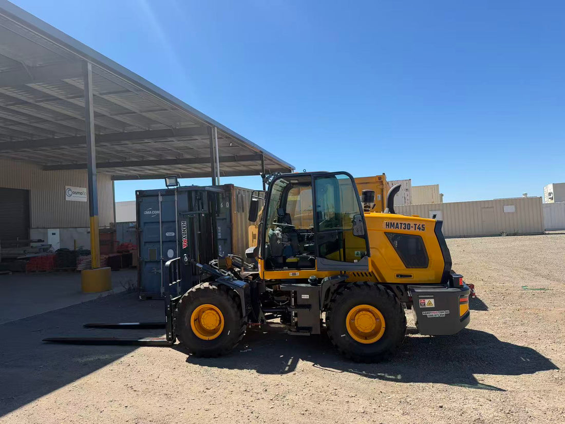 HandyMax HMAT30-T45 rough terrain forklift on gravel at an industrial yard in Melbourne