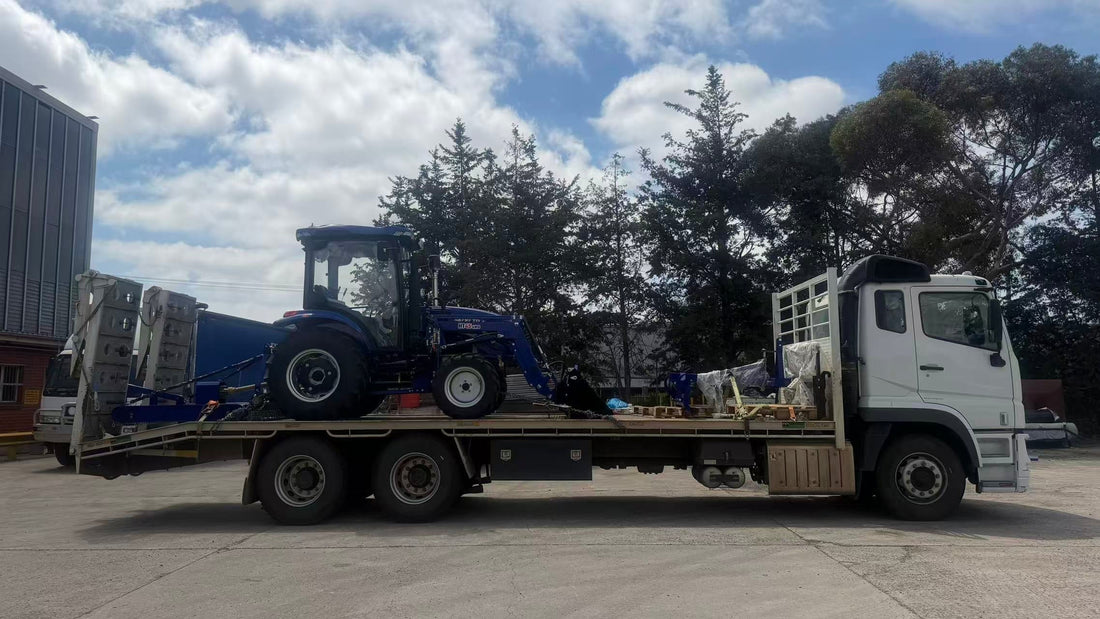 Handymax HT45C 45HP Cab Tractor with enclosed cabin and front loader featuring 4-in-1 bucket, 4WD system for Australian farm operations