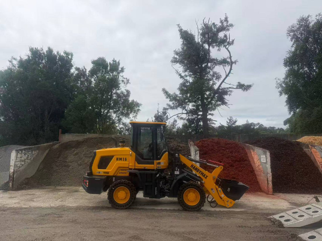 Handymax HM16 Wheel Loader - compact, articulated, yellow and black color scheme, front-mounted bucket.