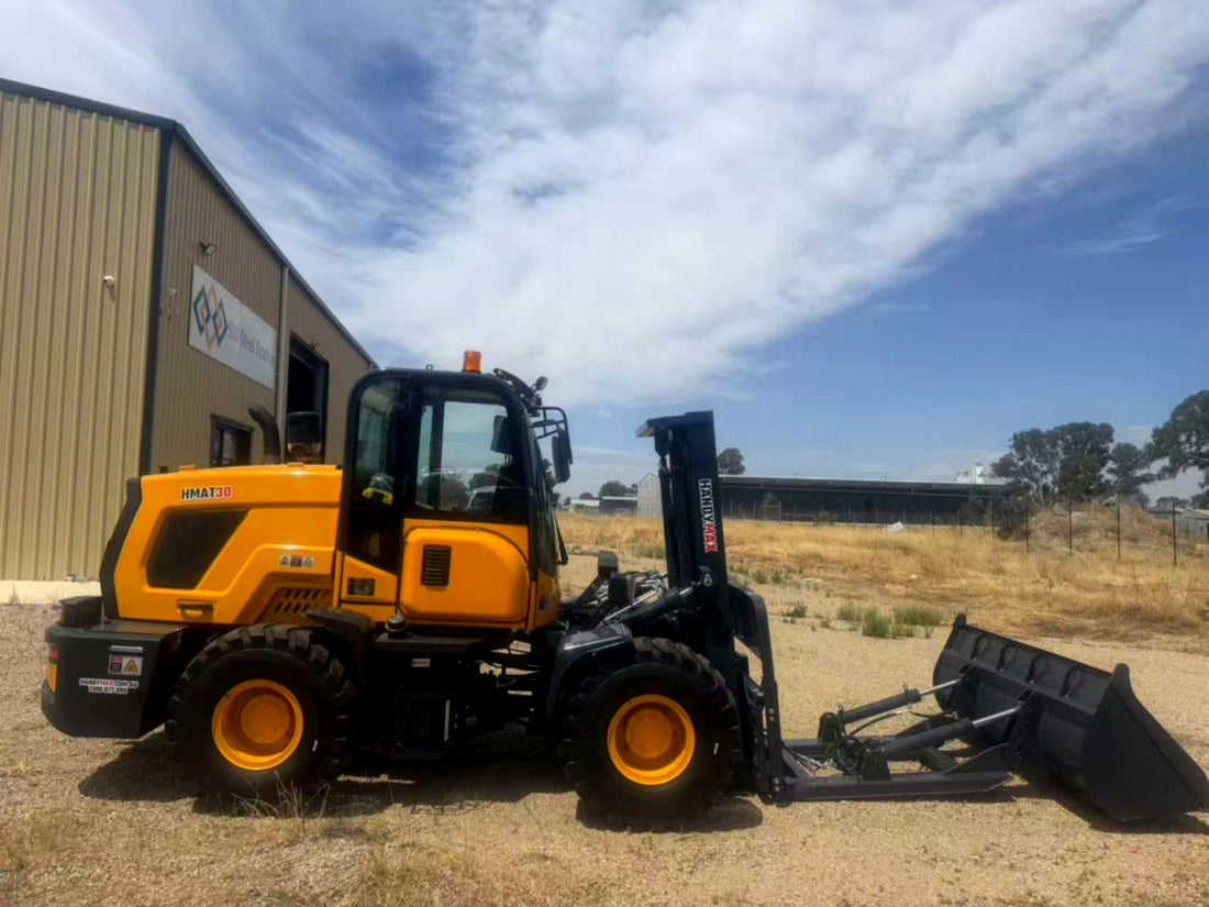HandyMax Machinery Forklift HMAT30 all-terrain all-terrain with yellow body and black chassis features an